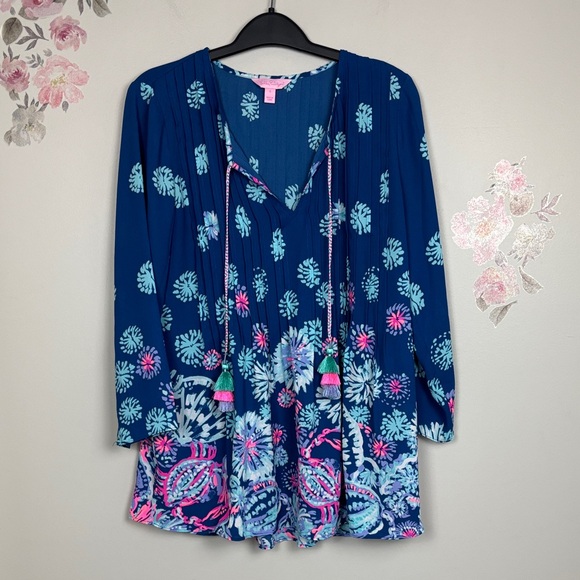 Lilly Pulitzer Tops - Lilly Pulitzer Blue and Pink Floral Blouse with Tassels - S